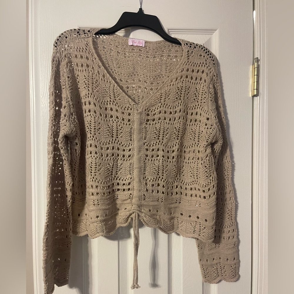 Pink Lily Tan Cardigan Sweater with Intricate Knit